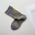 Calcetines de media pantorrilla florales vintage grises, algodón transpirable diario. - Talla única / Gris