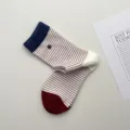 Korean contrast striped mid-calf socks with metal buckle, soft breathable cotton knit for women. - One Size / White