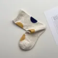 Women's oatmeal polka dot mid-calf cotton socks, cute yellow and navy casual socks - One Size / Oatmeal