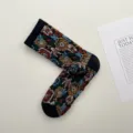 Calcetines de media pantorrilla de punto floral vintage para mujer, estilo étnico retro. - Talla única / Negro