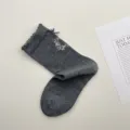 Calze a metà tubo in cotone con fiocco stile dolce coreano da donna, semplice design floreale. - Taglia unica / Grigio scuro