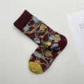 Calcetines de media pantorrilla de algodón bordados con flores vintage para mujer. - Talla única / Cinabrio Teñido de Oro