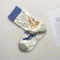 Chaussettes Mi-Mollet Coton Rétro Oiseau Broderie Florale Manchette Bleu Vert Femme - Taille unique / Vert Lait Oiseau Volant