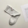 Korean style sweet floral grey cotton mid-tube socks with cute heel bow for women - One Size / Grayish White