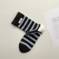 Autumn winter striped contrast color mid calf socks for women with cute label minimalist. - One Size / Coffee