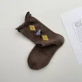 Brown argyle knit mid-calf socks with cute bows and rolled cuffs for women. Fall winter. - One Size / Coffee