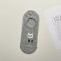 Chaussettes invisibles basses brodées de chat mignon gris, chaussettes d'été respirantes. - Taille unique / Gris foncé
