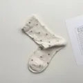 Retro floral crew socks for women, breathable mesh cotton socks with sweet cute design. - One Size / Beige
