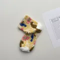 Vintage retro floral leopard crew socks, artistic relief botanical mid-calf cotton socks. - One Size / Light Yellow