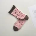 Retro Japanese floral relief mid-calf socks, stylish contrast rolled cuff cotton hosiery. - One Size / Peach Pink