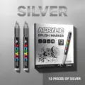 Ασημί Μαρκαδόρος Πινέλου Ακρυλικού 12 Τεμ Set για DIY Μαύρη Κάρτα Ημερολόγιο Τέχνη - Ασημί (12 ΤΕΜ)