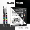Black and white acrylic brush marker set, 12 pieces DIY art drawing pens for various surfaces. - Black and White (6+6 PCS)