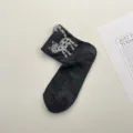 Cute cat print women short socks dark grey breathable mesh cotton socks comfortable daily wear - One Size / Dark Gray