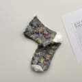 Japanese vintage style mid-calf socks with 3D embossed hearts and silver shimmer, grey cotton. - One Size / White