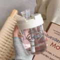 Portable plastic water cup with straw and white lid, cute student daily drink bottle for kids. - Single Cup / DunDun Cup White 330ML