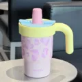 Bicchiere termico in acciaio inossidabile con stampa leopardata, manico e cannuccia per ufficio. - Tazza Singola / Rosa