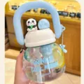 Bella bottiglia d'acqua grande con simpatico decoro di panda, tazza con cannuccia portatile. - Decorazione a forma di panda / 800ml / Blu