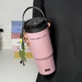 Pink stainless steel tumbler with handle and straw, large capacity thermal travel mug. - Dual Drink Pink 800ML + Star Tree Pendant