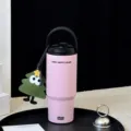 Pink insulated tumbler with handle and cute Christmas tree pendant, 700ml stainless steel cup. - Pink with Pine Pendant