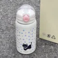 Detailed view of the stainless steel insulated straw water bottle with cute black cat pattern. - Single Cup / Polka Dot Cat 500ML Single Lid