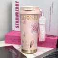 Tazza da viaggio isolata in acciaio inossidabile floreale rosa con cannuccia e cinturino. - Tazza Singola / Rosa Floreale 500ml