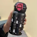 Borraccia termica nera a doppia bevuta con cannuccia e simpatico motivo di cucciolo. - Tazza Singola / Nero 500ml