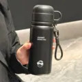 Borraccia termica nera in acciaio inossidabile 304 con doppio coperchio, cinghia e elegante design. - Tazza Singola / Nero 500ML (Con Coperchio CIotola E Cordino)