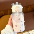 Cute plastic cartoon straw water bottle with dual-drink lid, portable student daily cup. - Single Cup / White Puppy 500ML - Double Drink