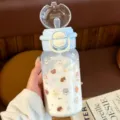 Cute plastic water bottle with straw and dual lid, portable student drinking cup for school daily use - Single Cup / Blue Puppy 500ML - Double Drink
