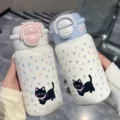 Détail de gourde isotherme en acier inoxydable avec motif chat mignon et double couvercle. - 400ml-Couvercle Double Boisson/Tasse Unique / Rose