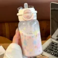 Cute plastic straw water bottle with colorful stars, portable double drink cute cup for girls. - White Star 500ML - Double Drink
