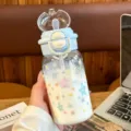 Cute plastic water bottle with straw and dual lids, clear cup with stars for students. - Blue Star 500ML - Double Drink