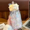 Cute clear plastic water bottle with colorful stars, straw and dual drink lid for daily use. - Yellow Star 500ML - Double Drink