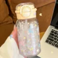 Carina bottiglia d'acqua con cannuccia e stelle per donne, bicchiere in plastica trasparente portatile. - Solo Coppa / Stellato Giallo 500ML - Doppia Bevuta