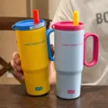 Tazza termica in acciaio inossidabile con manico e cannuccia, grande tazza da viaggio. - Solo Coppa / Ciano 800ML con Infusore per Tè