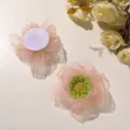 Detailed view of peach organza beaded flower patch with vibrant green and yellow bead centers. - Peach Pink