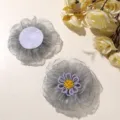 Grey organza beaded flower DIY accessory applique detail showcasing purple petals and backing. - Gray