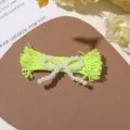Green frayed fabric bow hairpin with imitation pearls, DIY handmade clothing accessories. - Green
