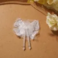 Detailed close-up of white chiffon butterfly patch with sequins, beads, and crystal tassels. - Bow