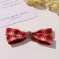 Red plaid bow hair clip with vintage silver cross design, chic JK style side hairpin accessory. - L / Red