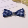 Blue plaid bow hair clip detail with silver cross metal decoration, perfect for daily styling. - L / Blue