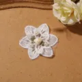 White lace flower patch detail shot, delicate embroidery with pearls and mini rose. - Six-Petal Flower