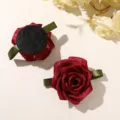 Closeup detail of dark red mesh rose flower with green ribbon leaves for DIY hair accessories. - 1 Piece / Red