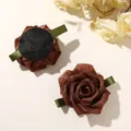 Brown mesh fabric rose flower hair clip detail, ribbon leaf accessory for DIY craft. - 1 Piece/Pack / Dark Brown