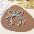 Handmade Blue Beaded Bow DIY Hair Clip Brooch Accessory with Pearls and Star Pendants - No.21 Pearl Bow Style (A95-2-33-40) / 1 Piece / Sea Salt Blue