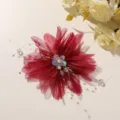 Sweet red mesh crystal flower hair clip DIY elegant brooch apparel hair accessories - 1 Piece / Red