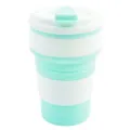 Portable collapsible silicone water cup for outdoor travel and camping use with secure lid. - Cyan