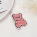 Pink fluffy bear embroidered patch close up, cute plush clothing DIY accessory detail view - 3.5x4.7cm Style 9