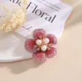 Prachtige 3D geborduurde bloemapplicatie met vijf bloemblaadjes, parels en strass voor DIY. - Rozerood