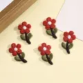 Set of 5 red flower embroidered patches with green leaves, perfect for DIY clothing decor. - Style 12